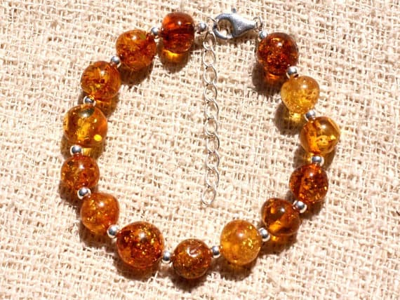 925 sterling Silver Artisan Loose Silver Helling 8-10mm stacking Yellow honey and Cognac Bracelet Rondelle, Smooth 7" for mens, womens, gf, bf & Adult.