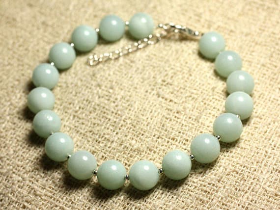925 sterling Silver Handmade Beaded Silver Helling 10mm Stracking Aqua Amazonite Bracelet Round, Smooth 7.5" for mens, womens, gf, bf & Adult.