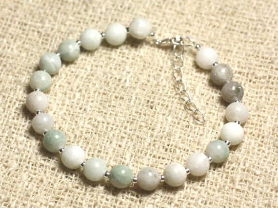 925 sterling Silver Unique Wedding Gift Silver Helling 6mm Stracking Multi Jade almond Green  Bracelet Round, Smooth 7" for mens, womens, gf, bf & Adult.
