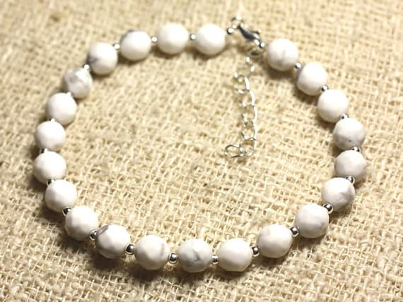 925 sterling Silver Jewelry Energy Silver Helling 6mm Stracking White Howlite Bracelet Round, Faceted 7" for mens, womens, gf, bf & Adult.