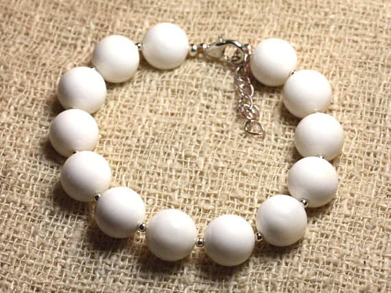 925 sterling Silver love beach youth Silver Helling 10mm Stracking White Pearl white opaque  Bracelet Round, Smooth 7.5" for mens, womens, gf, bf & Adult.