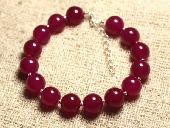 925 sterling Silver love beach youth Silver Helling 10mm Stracking Red Red Jade  Bracelet Round, Smooth 7.5" for mens, womens, gf, bf & Adult.