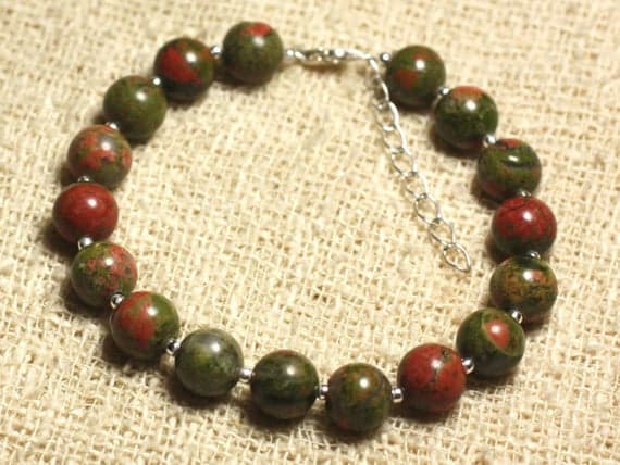 925 sterling Silver Personalized Gift Silver Helling 8mm Stracking Green Unakite Bracelet Round, Smooth 7" for mens, womens, gf, bf & Adult.