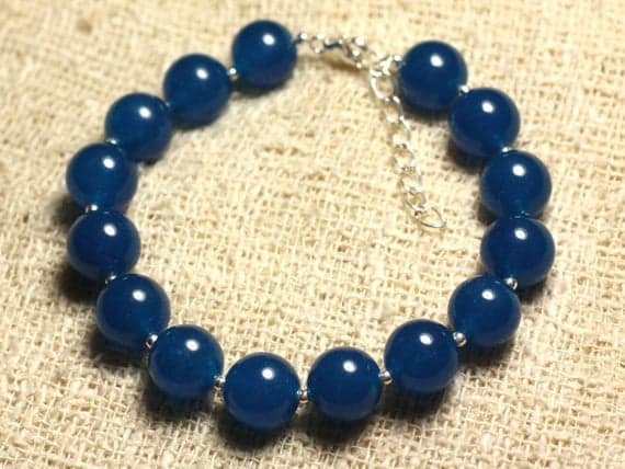 925 sterling Silver chakras simple Silver Helling 10mm Stracking Blue Jade Blue  Bracelet Round, Smooth 7.5" for mens, womens, gf, bf & Adult.