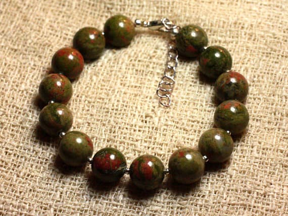 925 sterling Silver Anxiety Gemstone Silver Helling 10mm stacking Multi Unakite Bracelet Round, Smooth 7.5" for mens, womens, gf, bf & Adult.