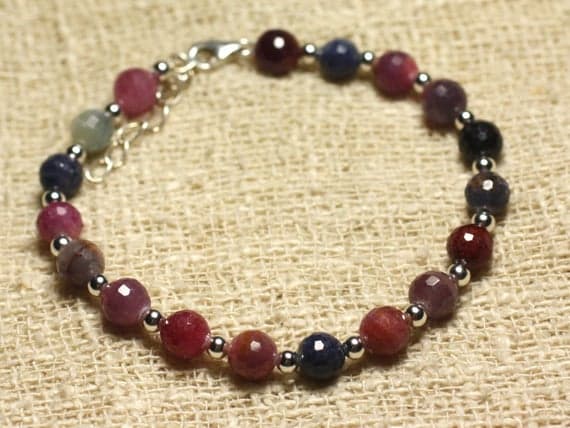 925 sterling Silver Anniversary Gift Silver Helling 6mm stacking Multi Ruby and Sapphire  Bracelet Round, Faceted 7" for mens, womens, gf, bf & Adult.