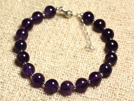 925 sterling Silver Unique Wedding Gift Silver Helling 8mm Stracking Purple Amethyst Bracelet Round, Smooth 7" for mens, womens, gf, bf & Adult.