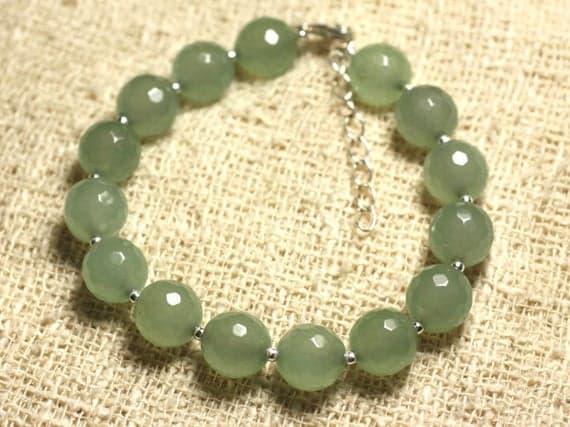 925 sterling Silver Personalized Gift Silver Helling 10mm Stracking Green Green Jade  Bracelet Round, Faceted 7.5" for mens, womens, gf, bf & Adult.