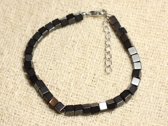 925 sterling Silver Rock Gift  4mm Stracking Black Hematite Bracelet Cube, Smooth 7" for mens, womens, gf, bf & Adult.