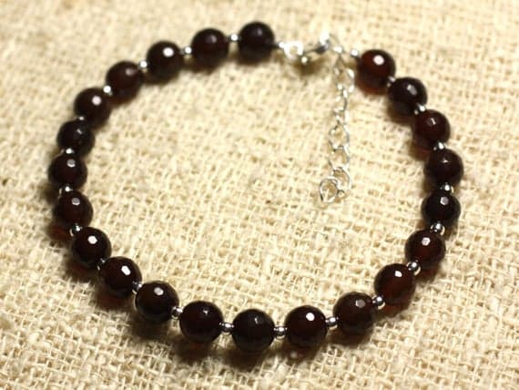 925 sterling Silver Anxiety Relief Calming Silver Helling 6mm Stracking Brown Brown Agate Bracelet Round, Faceted 7" for mens, womens, gf, bf & Adult.