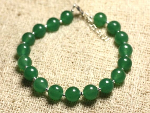 925 sterling Silver Natural Silver Helling 8mm Stracking Green Green Jade Bracelet Round, Smooth 7" for mens, womens, gf, bf & Adult.