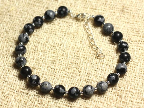 925 sterling Silver Artisan Loose Silver Helling 6mm Stracking Black Snowflake Obsidian Bracelet Round, Smooth 7" for mens, womens, gf, bf & Adult.