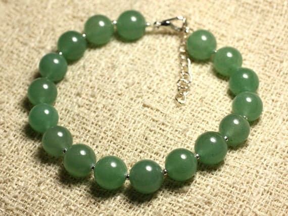 925 sterling Silver Grounding Silver Helling  10mm Stracking Green Aventurine Bracelet Round, Smooth 7.5" for mens, womens, gf, bf & Adult.