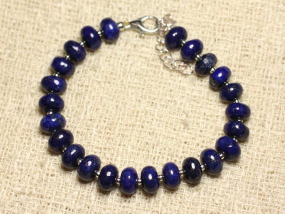 925 sterling Silver Personalized Gift Silver Helling 8mm Stracking Blue Lapis Lazuli  Bracelet Rondelle, Smooth 7" for mens, womens, gf, bf & Adult.