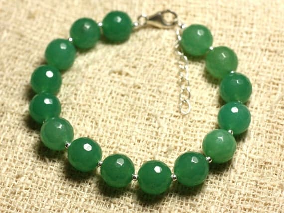 925 sterling Silver Super sale Silver Helling 10mm stacking Green Green Jade  Bracelet Round, Faceted 7.5" for mens, womens, gf, bf & Adult.