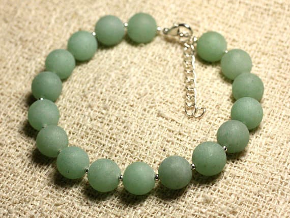 925 sterling Silver Unique Wedding Gift Silver Helling 10mm Stracking Green Aventurine green matte Bracelet Round, Smooth 7.5" for mens, womens, gf, bf & Adult.