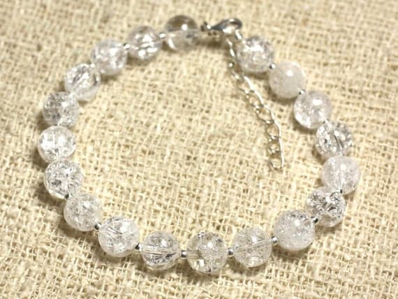 925 sterling Silver top quality Silver helling 7-8mm Stracking White Crackle Quartz Crystal Bracelet Round, Smooth 7" for mens, womens, gf, bf & Adult.