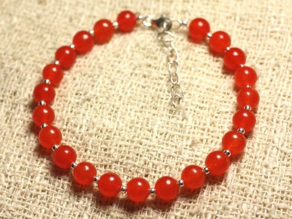 925 sterling Silver Anxiety Relief Calming 6mm Stracking Orange Orange Jade  Bracelet Round, Smooth 7" for mens, womens, gf, bf & Adult.