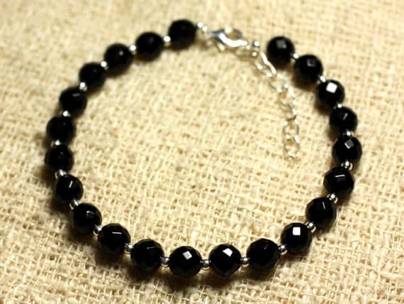 925 sterling Silver Anxiety Gemstone Silver Helling 6mm Stracking Black Black Onyx Bracelet Round, Faceted 7" for mens, womens, gf, bf & Adult.