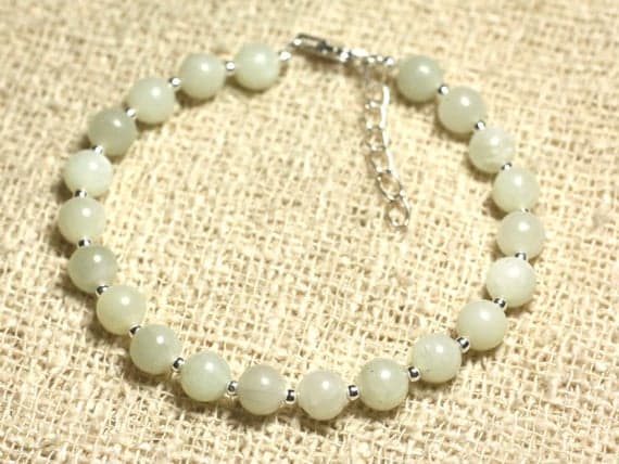 925 sterling Silver Blush Jewelry Silver Helling 6mm stacking Green Green Jade  Bracelet Round, Smooth 7" for mens, womens, gf, bf & Adult.