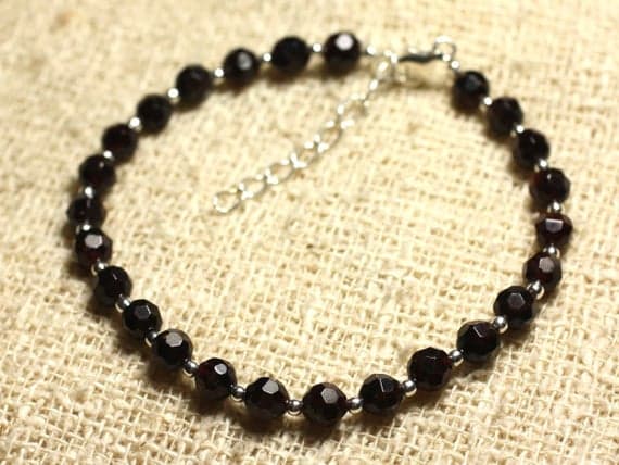 925 sterling Silver Natural Silver Helling 5mm stacking Red Garnet Bracelet Round, Faceted 7" for mens, womens, gf, bf & Adult.