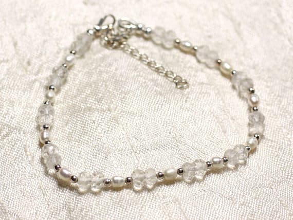 925 sterling Silver Grounding Silver Helling  3-5mm stacking White white cultured pearls & Quartz Bracelet Rondelle, Faceted 7" for mens, womens, gf, bf & Adult.