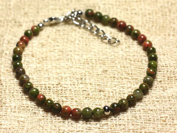925 sterling Silver Positive Energy Silver helling 4mm Stracking Multi Unakite Bracelet Round, Smooth 7" for mens, womens, gf, bf & Adult.