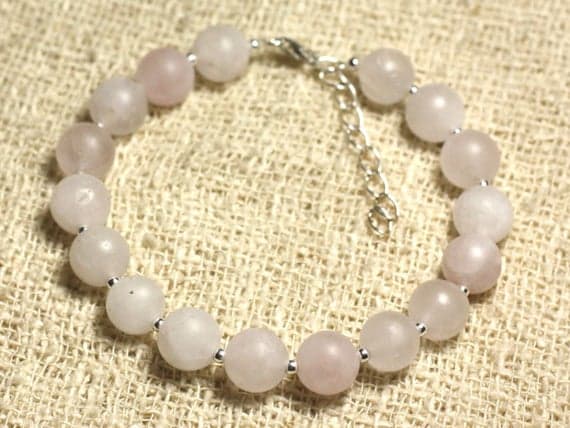 925 sterling Silver Bridesmaid Jewelry Silver Helling 8mm Stracking Pink Rose Quartz Bracelet Round, Smooth 7" for mens, womens, gf, bf & Adult.