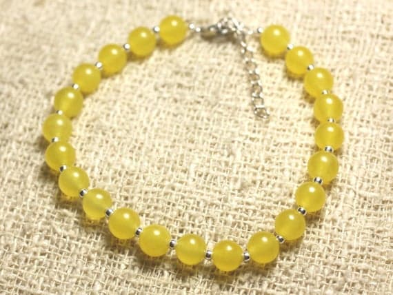 925 sterling Silver Anxiety Gemstone Silver Helling 6mm Stracking Yellow Yellow Jade Bracelet Round, Smooth 7" for mens, womens, gf, bf & Adult.