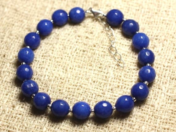 925 sterling Silver Artisan Loose 8mm Stracking Blue blue Jade Bracelet Round, Smooth 7" for mens, womens, gf, bf & Adult.