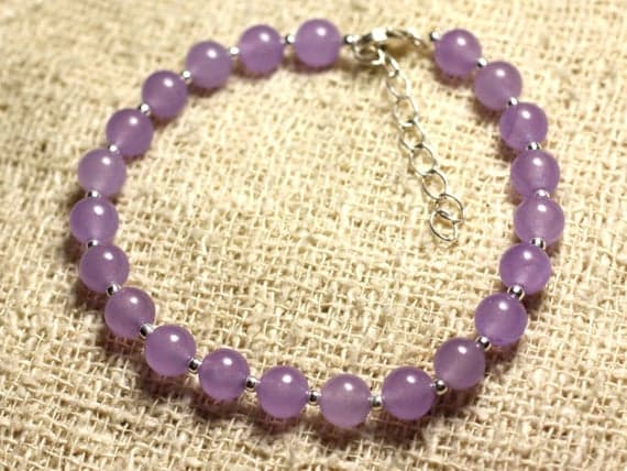 925 sterling Silver Anxiety Relief Calming Silver Helling 6mm stacking Purple Jade Bracelet Round, Smooth 7" for mens, womens, gf, bf & Adult.