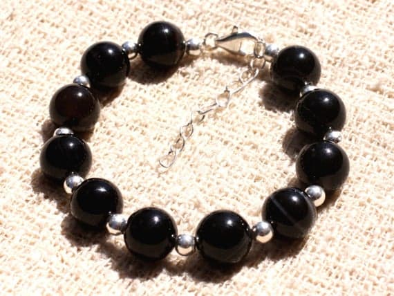 925 sterling Silver Anxiety Relief Calming Silver Helling 10mm Stracking Black black Agate Bracelet Round, Smooth 7.5" for mens, womens, gf, bf & Adult.