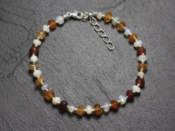 925 sterling Silver Anniversary Gift Silver Helling 3-5mm Stracking Multi Opal and Garnet Bracelet Rondelle, Faceted & Smooth 7" for mens, womens, gf, bf & Adult.