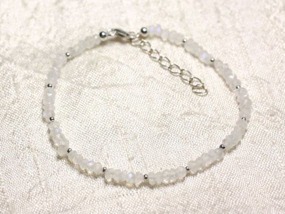 925 sterling Silver Anxiety Relief Calming Silver Helling 3mm stacking White Moonstone Rainbow  Bracelet Rondelle, Faceted 7" for mens, womens, gf, bf & Adult.