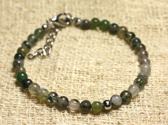 925 sterling Silver Grounding Silver Helling  4mm Stracking Green Moss Agate  Bracelet Round, Smooth 7" for mens, womens, gf, bf & Adult.