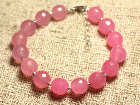925 sterling Silver Rock Gift Silver Helling 10mm stacking Pink pink Jade Bracelet Round, Faceted 7.5" for mens, womens, gf, bf & Adult.
