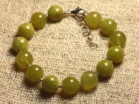 925 sterling Silver Unique Wedding Gift Silver Helling 10mm Stracking Green Olive Jade Bracelet Round, Smooth 7" for mens, womens, gf, bf & Adult.