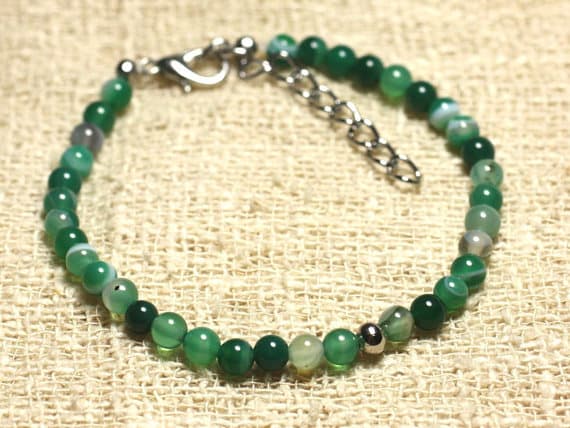 925 sterling Silver Bridesmaid Jewelry Silver Helling 4mm Stracking Green Green Agate Bracelet Round, Smooth 7" for mens, womens, gf, bf & Adult.