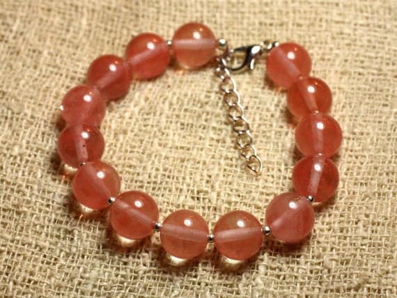 925 sterling Silver Wholesale Silver helling 10mm stacking Pink Cherry Quartz  Bracelet Round, Smooth 7.5" for mens, womens, gf, bf & Adult.