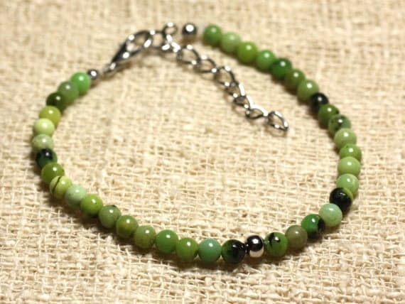 925 sterling Silver good luck gift Silver Helling 4mm stacking Green Chrysoprase Bracelet Round, Smooth 7" for mens, womens, gf, bf & Adult.