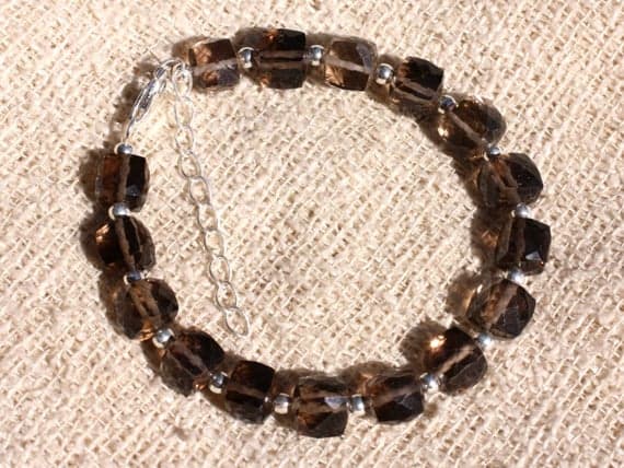 925 sterling Silver Dainty Slave Loose Silver Helling 7-8mm Stracking Brown smoky Quartz  Bracelet Cube, Faceted 7" for mens, womens, gf, bf & Adult.