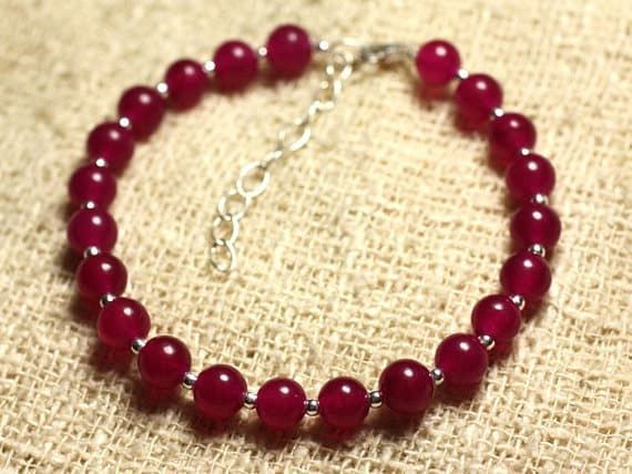 925 sterling Silver Positive Energy Silver helling 6mm Stracking Pink Pink Jade Bracelet Round, Smooth 7" for mens, womens, gf, bf & Adult.