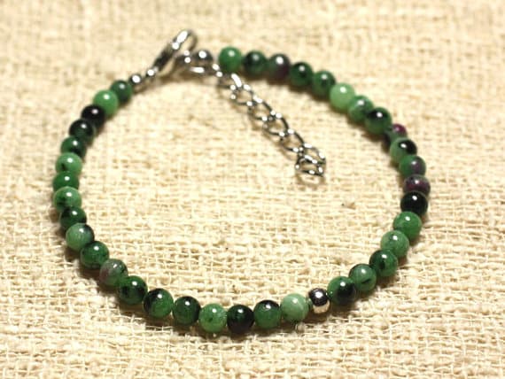 925 sterling Silver Grounding Silver Helling  4mm Stracking Green Ruby Zoisite  Bracelet Round, Smooth 7" for mens, womens, gf, bf & Adult.