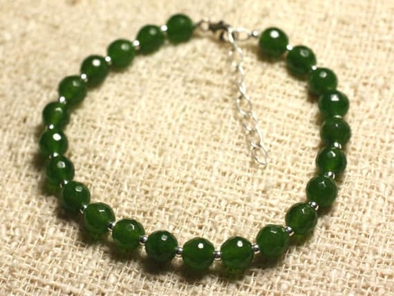 925 sterling Silver Blush Jewelry Silver Helling 6mm Stracking Green Green Jade  Bracelet Round, Faceted 7" for mens, womens, gf, bf & Adult.