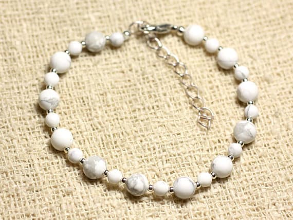 925 sterling Silver Grounding Silver Helling  4-6mm Stracking White Howlite Bracelet Round, Smooth 7" for mens, womens, gf, bf & Adult.