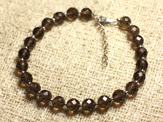 925 sterling Silver Dainty Slave Loose Silver Helling 6mm Stracking Brown smoky Quartz  Bracelet Round, Faceted 7" for mens, womens, gf, bf & Adult.
