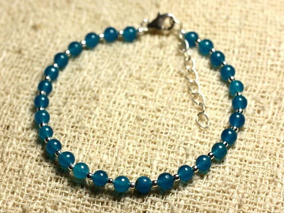 925 sterling Silver Handmade Beaded Silver Helling 4mm Stracking Blue Jade blue Bracelet Round, Smooth 7" for mens, womens, gf, bf & Adult.