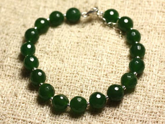 925 sterling Silver Natural Silver Helling 8mm stacking Green Green Jade  Bracelet Round, Faceted 7" for mens, womens, gf, bf & Adult.