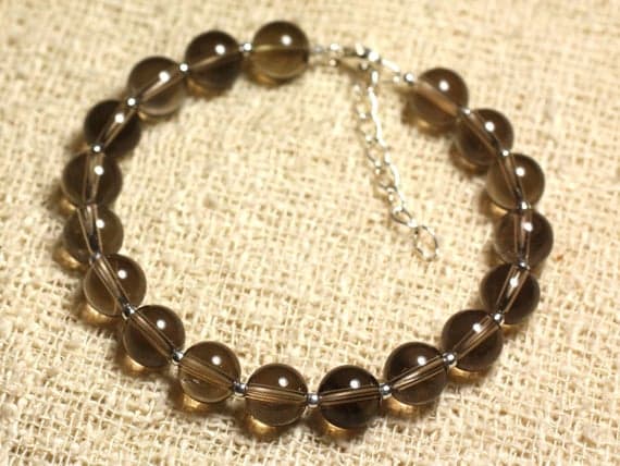 925 sterling Silver good luck gift Silver Helling 8mm Stracking Brown smoky Quartz Bracelet Round, Smooth 7" for mens, womens, gf, bf & Adult.