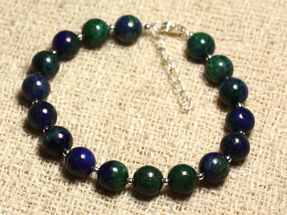 925 sterling Silver memorial gift Silver Helling 8mm Stracking Green Chrysocolla Bracelet Round, Smooth 7" for mens, womens, gf, bf & Adult.